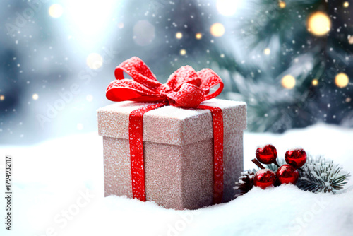 Wrapped in Winter's Embrace: A beautifully wrapped gift, adorned with a festive red bow, nestles in a serene winter landscape amidst gentle snowfall and the soft glow of festive lights.