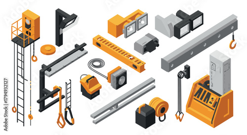 Isometric construction equipment set in yellow and gray for industrial and building projects
