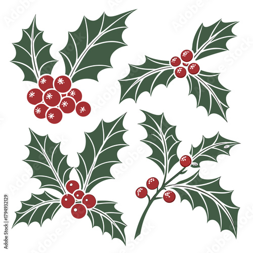 Holly berry icons set, Christmas logo with holly berries