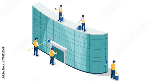 Isometric cleaning crew on modern glass building facade