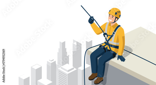 Safety of worker in helmet and harness on city skyscraper with rope