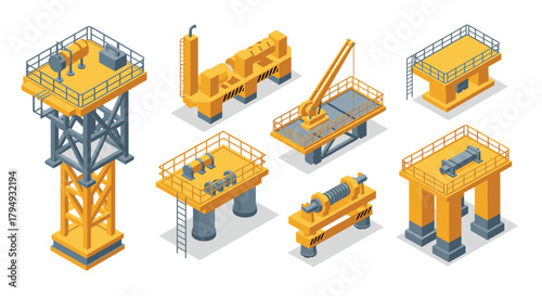 Isometric oil rig structures set with industrial equipment and platforms
