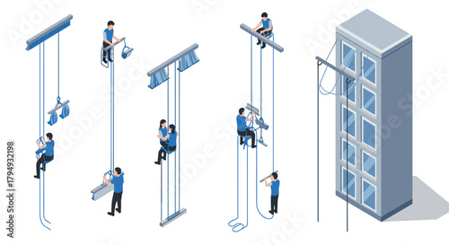 Isometric window cleaners on skyscraper with scaffolding and equipment