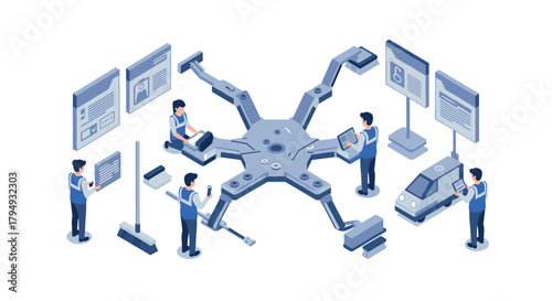 Isometric robotics and automation workflow with engineers and futuristic technology