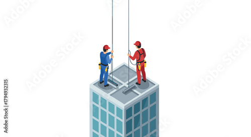Isometric window cleaners on skyscraper roof with safety gear