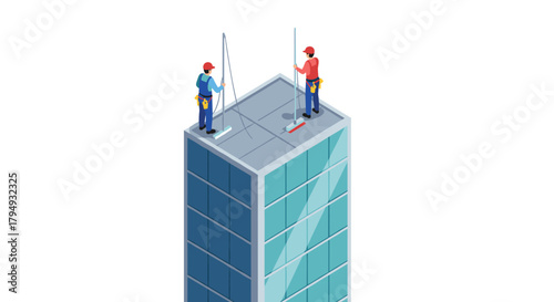 Workers cleaning skyscraper windows in isometric style on rooftop