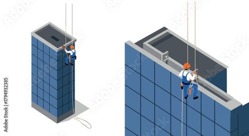 Isometric view of industrial worker cleaning tall building exterior with rope access techniques