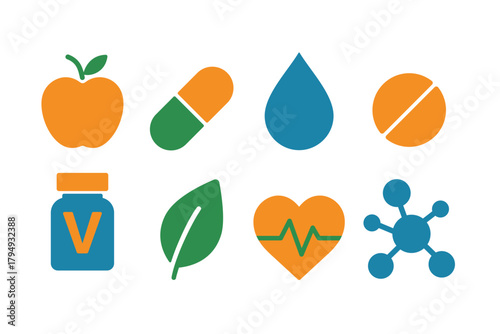 Wellness and health icon set featuring vitamins, organic food, water, heart and medical symbols. Use for nutrition marketing, wellness apps, healthcare, education and product packaging.
