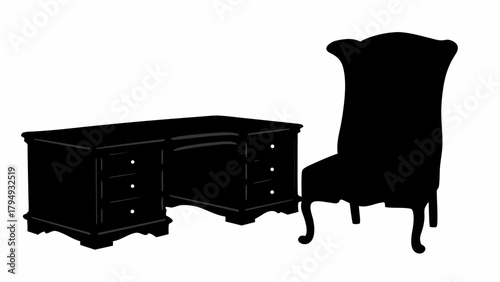 A silhouette of a dark wooden desk with several drawers and a tall ornate chair against a white background