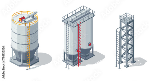 Industrial silos and access platforms in isometric design