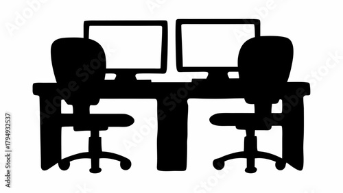 Silhouette of two desks with computers and chairs showing a workspace environment with a shared table