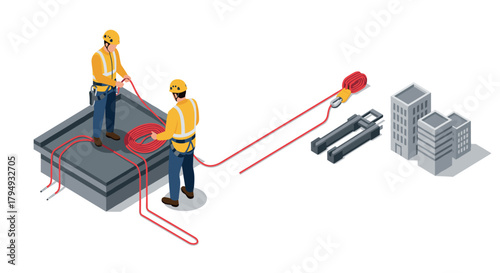 Construction workers managing cable installation on rooftop in isometric style