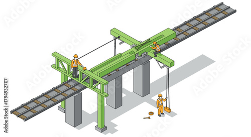 Isometric construction workers building railway bridge with cranes and tools