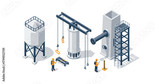 Industrial machinery in isometric design with engineers at worksite