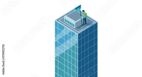 Isometric worker cleaning skyscraper windows for urban maintenance concept
