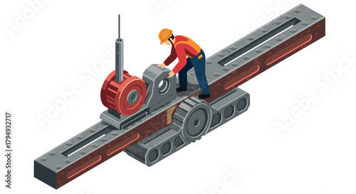 Isometric worker operating heavy machinery on industrial conveyor belt