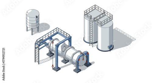 Isometric industrial tanks and pipelines with ladders and supports in modern design