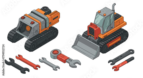 Isometric industrial construction machines and tools set with detailed features