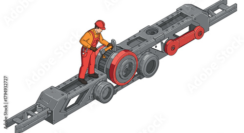 Construction worker inspecting machinery in isometric industrial setting