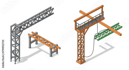 Modern industrial isometric structures with steel framework and construction elements
