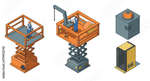 Isometric construction equipment with workers on scissor lifts and machinery