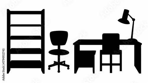 A silhouette of a room setup with a bookshelf, desk, chair, and desk lamp arranged in a workspace