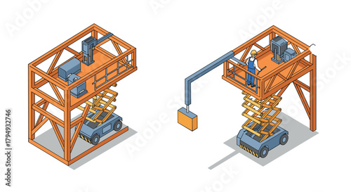 Isometric construction platforms with worker and hydraulic lift