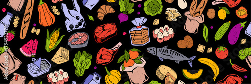 Groceries seamless pattern, hand drawn vector food product background, shopping sale repeat texture. Fresh local farm meal decorative print, organic healthy retail store graphic. Groceries pattern