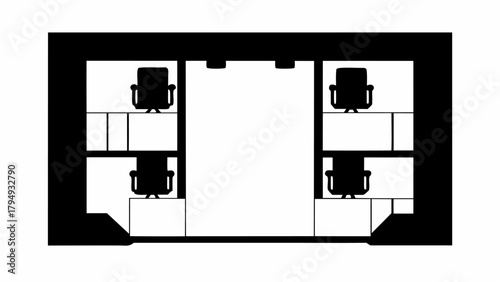 Illustration of a floor plan showcasing four cubicles with chairs and desks in a black and white style silhouette