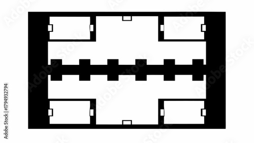 Black and white floor plan with four rooms and a central corridor with repeating rectangular cutouts design silhouette