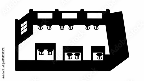 Silhouette illustration of a room interior with hanging lights and window with multiple panes design