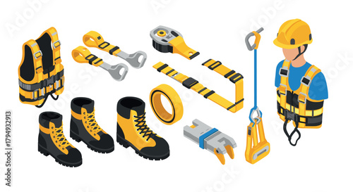 Isometric safety gear set with helmet, harness, and boots