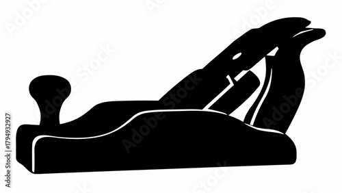 Illustration of a hand plane tool with a knob handle and a rear handle in black and white style design silhouette