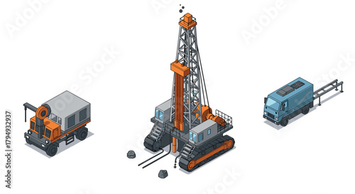 Isometric oil drilling rig with trucks in a detailed industrial scene