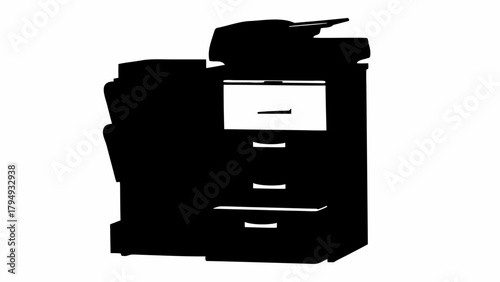 Silhouette of a large office printer with multiple paper trays and a top feeder in black and white