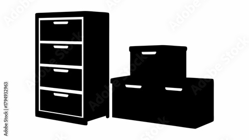 A black silhouette of a filing cabinet with four drawers next to two stacked storage boxes on white