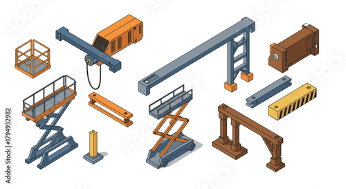 Isometric construction equipment icons set with cranes and scissor lifts in industrial style