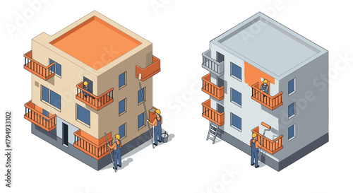 Isometric building renovation with painters transforming exterior