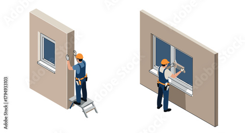 Isometric workers installing windows on building walls with tools and equipment