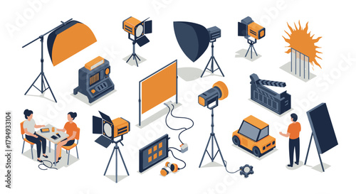 Cinematic equipment setup with film production elements in isometric style