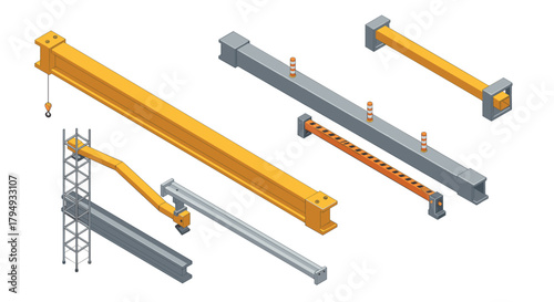 Industrial construction elements in isometric style featuring steel beams and crane components