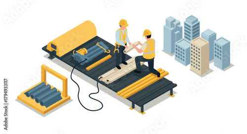 Construction workers installing roof on building with modern machinery in isometric style