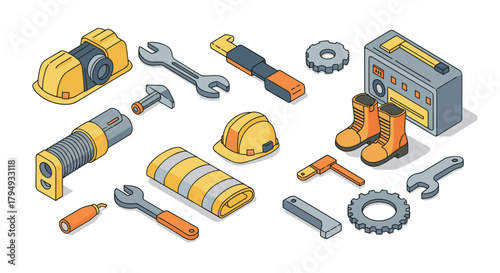 Isometric construction tools and safety equipment on white background