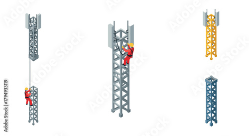 Construction worker climbing steel towers set in isometric style