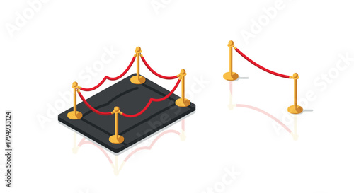 Luxurious velvet rope barriers on red carpet with golden stanchions in isometric style