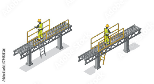 Isometric industrial construction workers on elevated platforms with safety gear