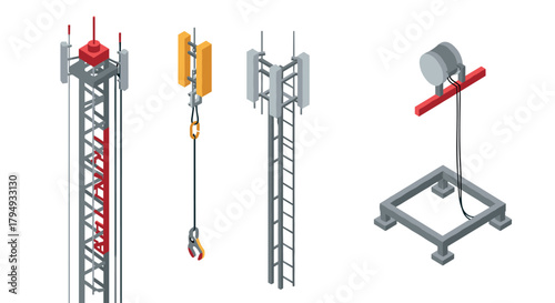 Isometric construction cranes and equipment with hooks and pulleys