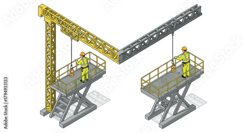 Isometric construction workers on crane platforms with safety gear