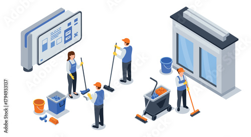 Isometric team cleaning modern office space with digital tools and equipment