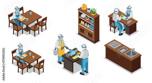 Isometric restaurant workers in ppe safe food preparation and dining processes